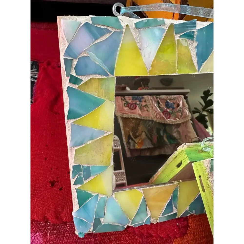 2 Vintage MOSAIC MIRRORS swell colors handmade bohemian green yellow 16x8”,8x6”